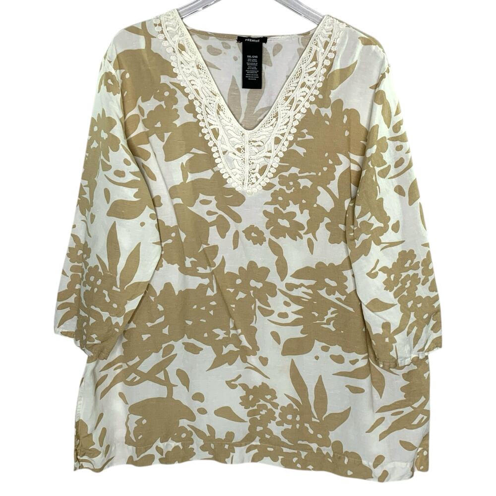 Premise XXL Linen Blouse Tunic Style Floral Crochet Breathable Travel